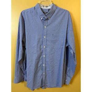 Izod Men's Blue Check Non-Iron Stretch Long Sleeve Button Down Shirt Size‎ Large